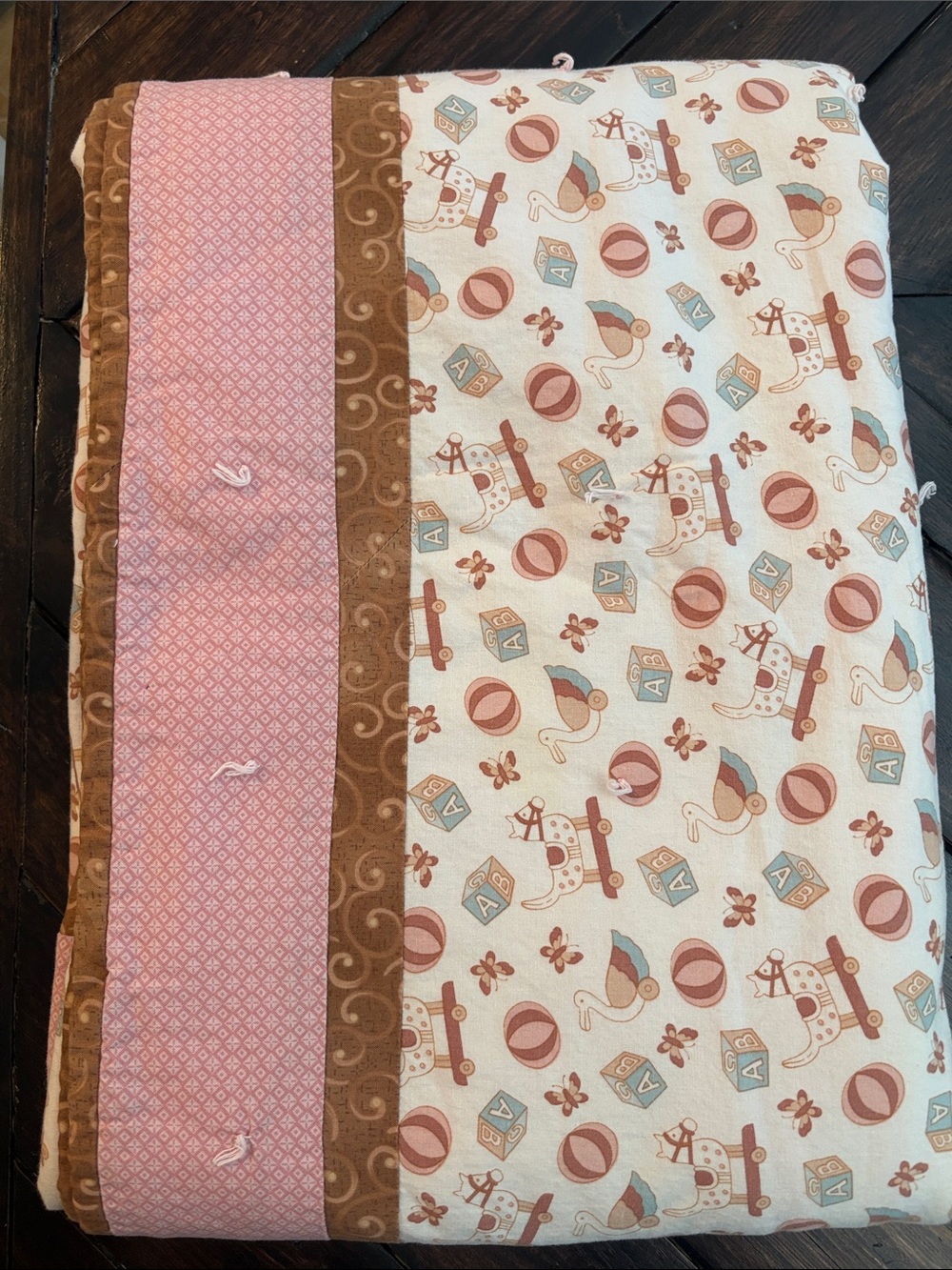 Quilt Pink and Brown Baby with Toy Print